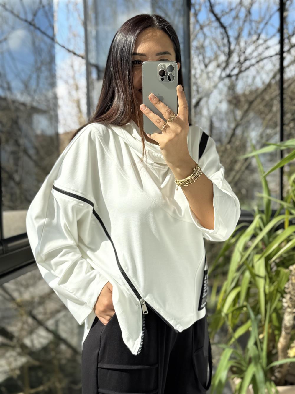 Baskılı Fermuarlı Sweatshirt Beyaz