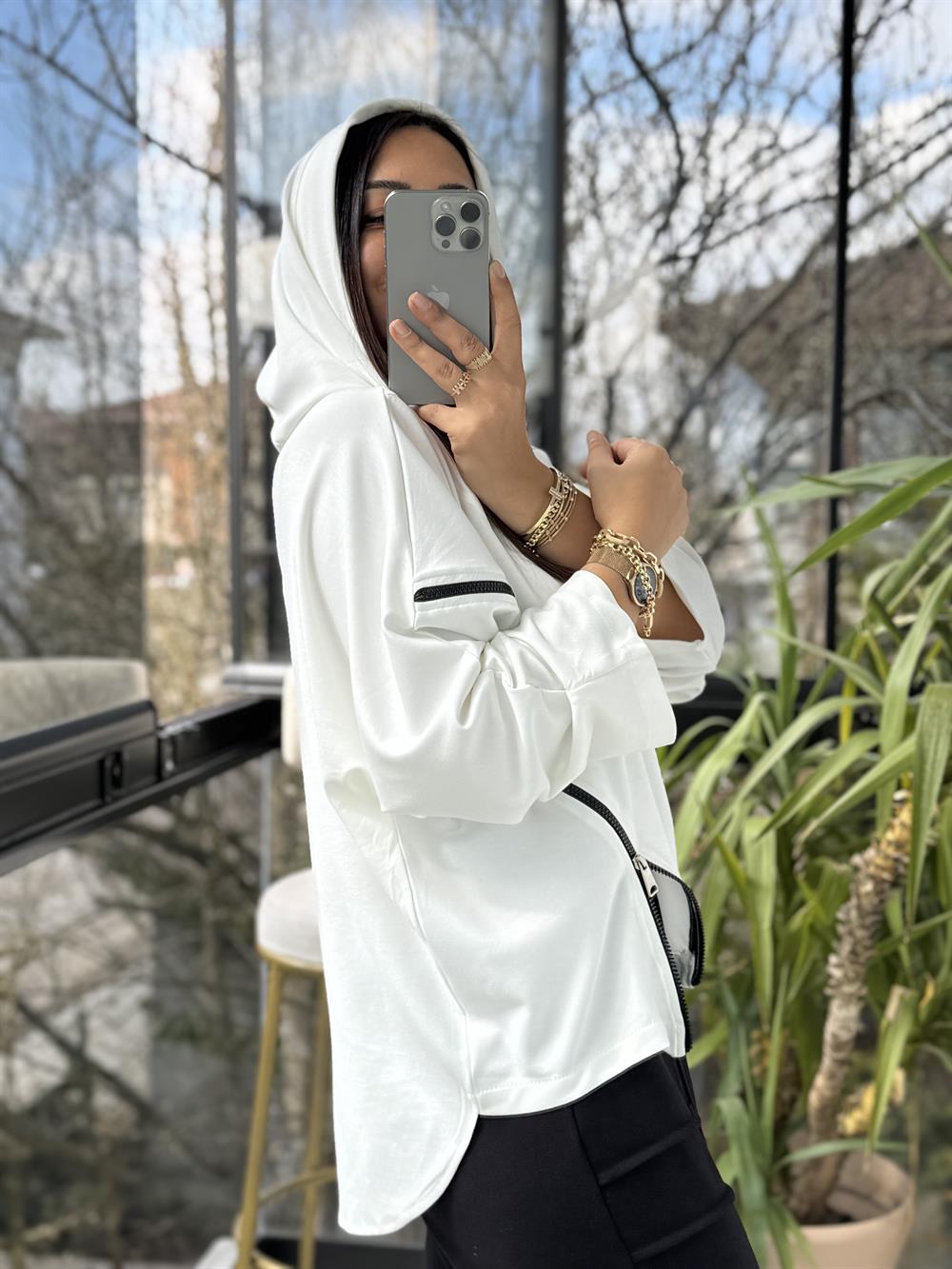 Baskılı Fermuarlı Sweatshirt Beyaz