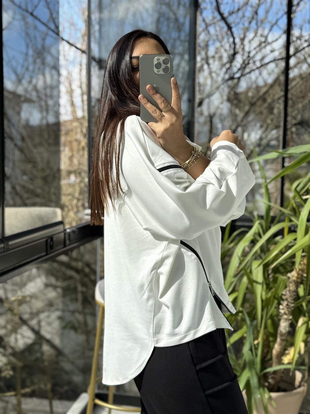 Baskılı Fermuarlı Sweatshirt Beyaz