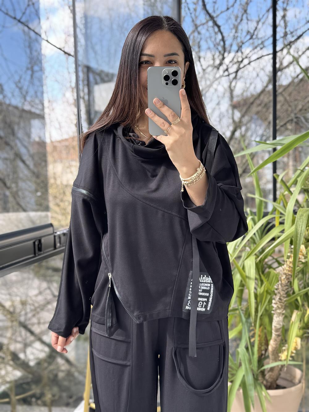 Baskılı Fermuarlı Sweatshirt Siyah