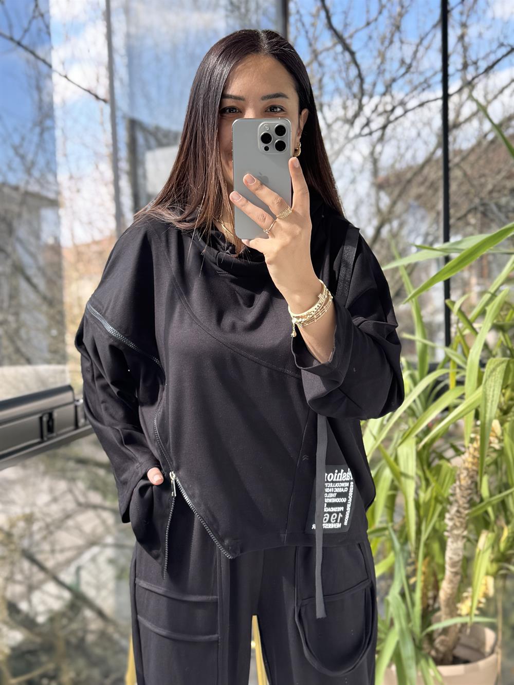 Baskılı Fermuarlı Sweatshirt Siyah