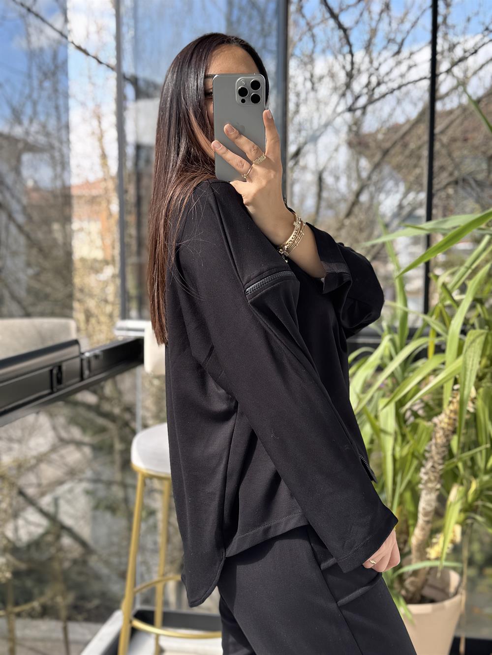 Baskılı Fermuarlı Sweatshirt Siyah