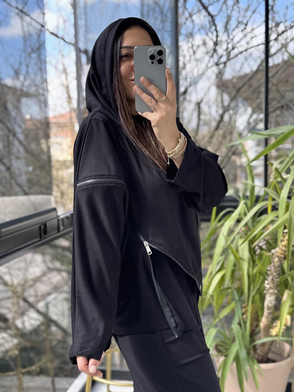 Baskılı Fermuarlı Sweatshirt Siyah