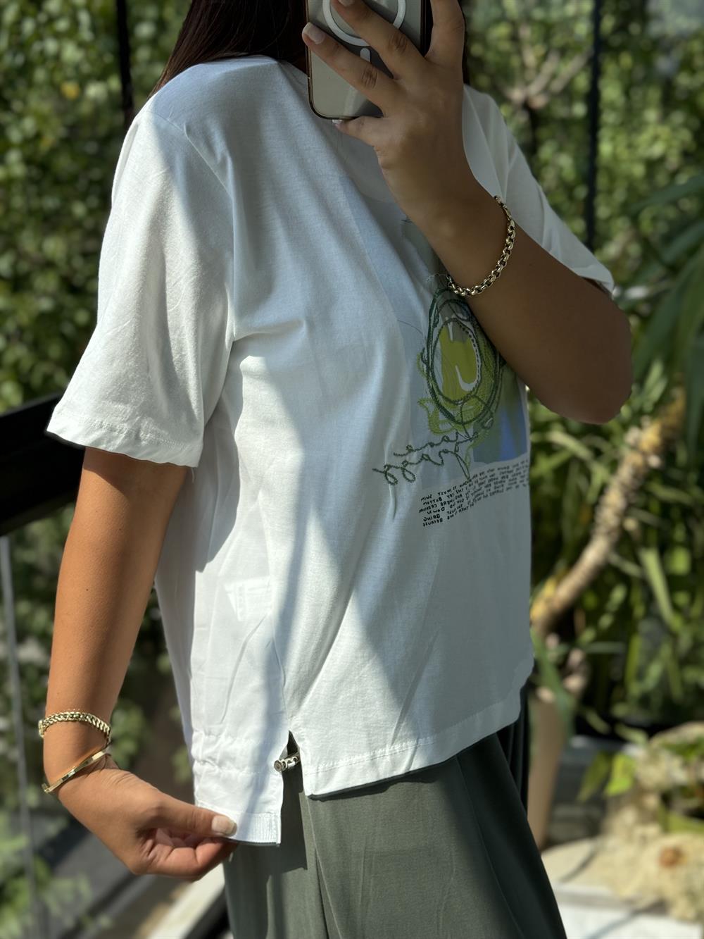 Baskılı Pamuklu Tişört Fıstık Yeşili 