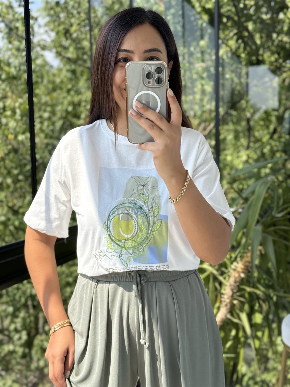 Baskılı Pamuklu Tişört Fıstık Yeşili 