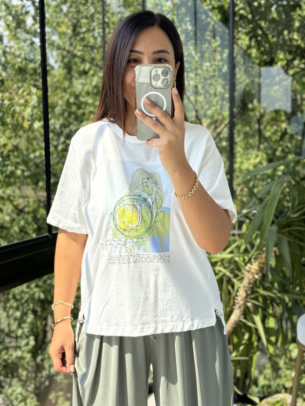 Baskılı Pamuklu Tişört Fıstık Yeşili 