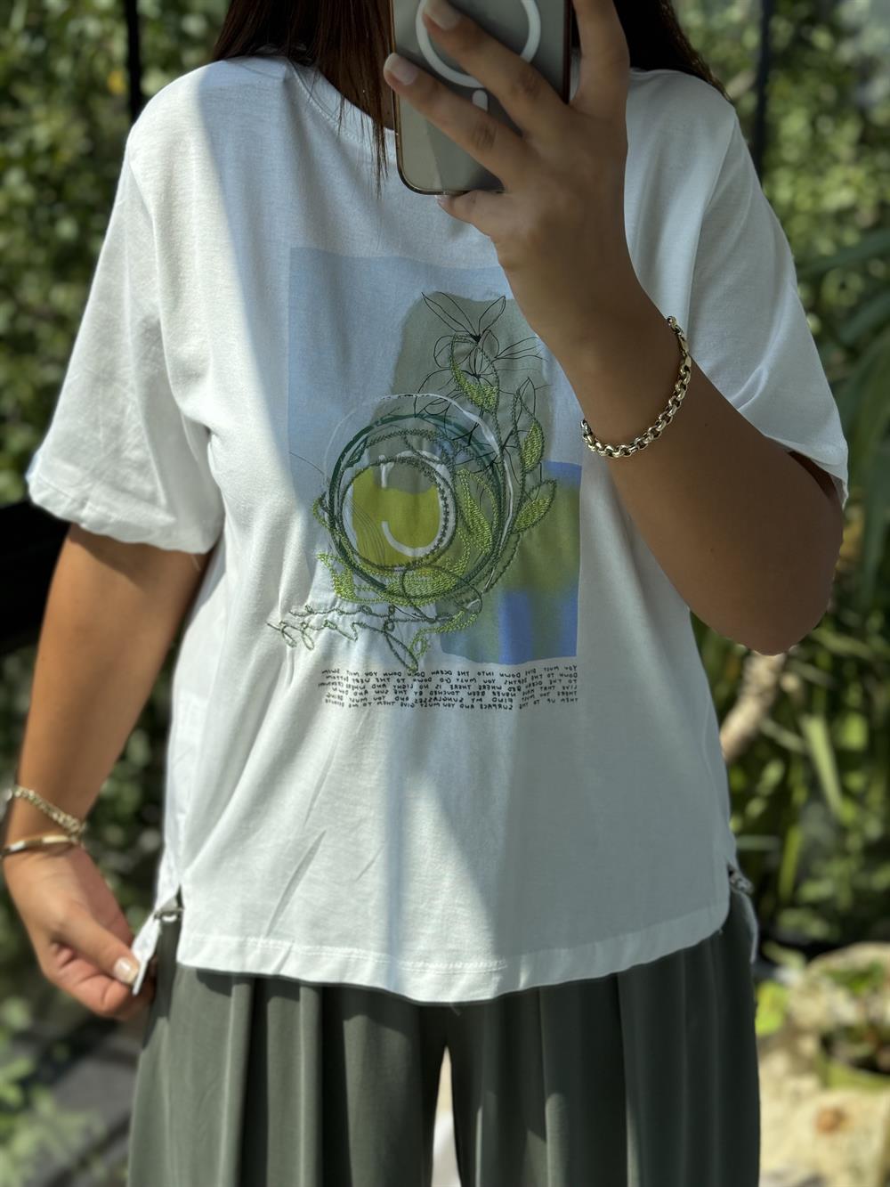 Baskılı Pamuklu Tişört Fıstık Yeşili 