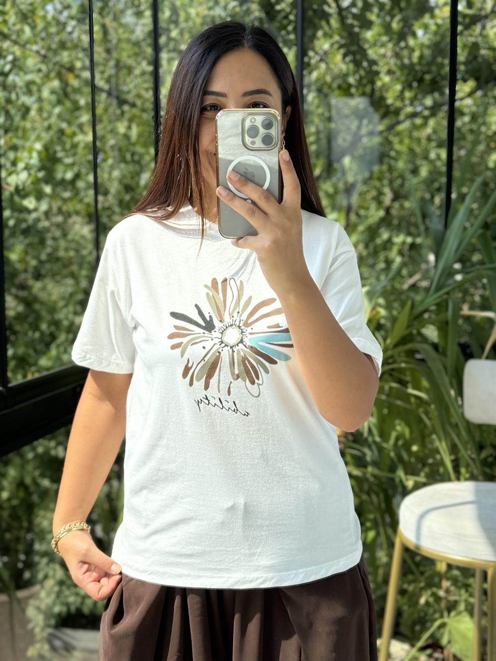 Baskılı Pamuklu Tişört Kahve