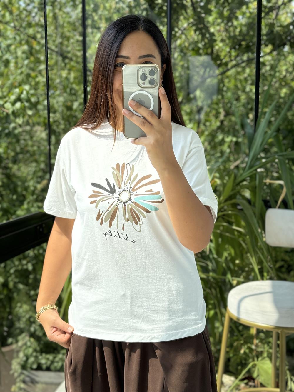 Baskılı Pamuklu Tişört Kahve