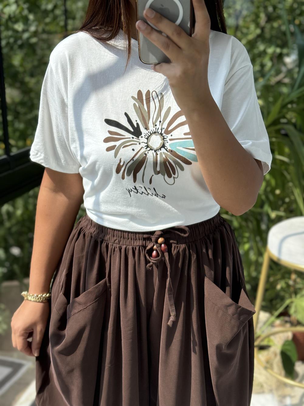 Baskılı Pamuklu Tişört Kahve