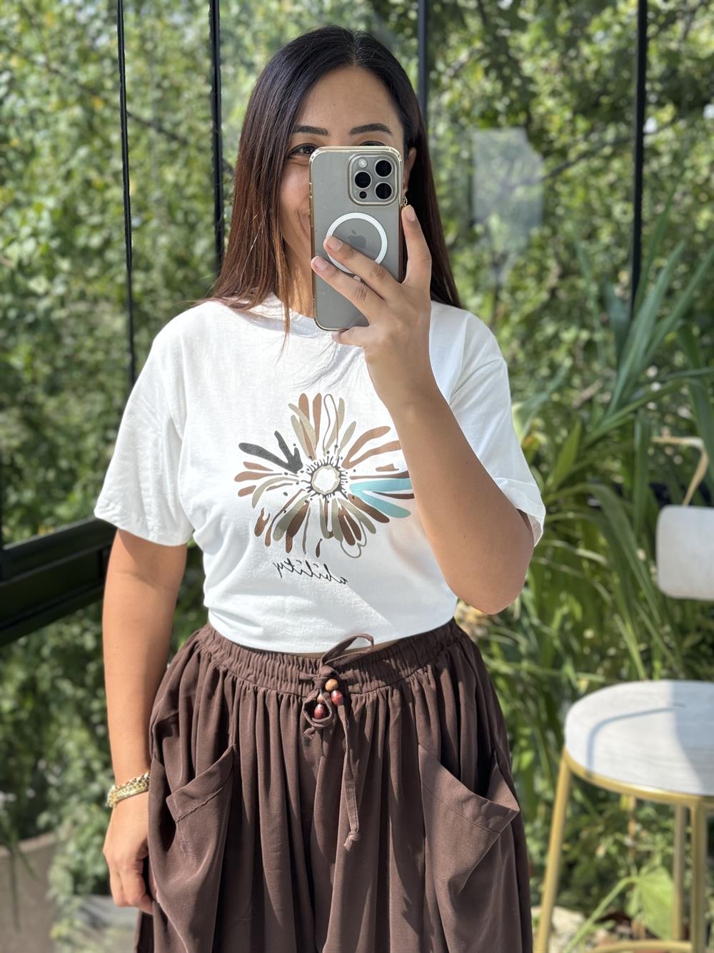 Baskılı Pamuklu Tişört Kahve