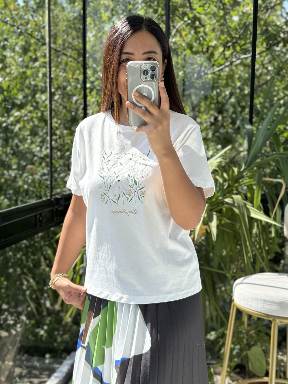 Baskılı Pamuklu Tişört Yeşil