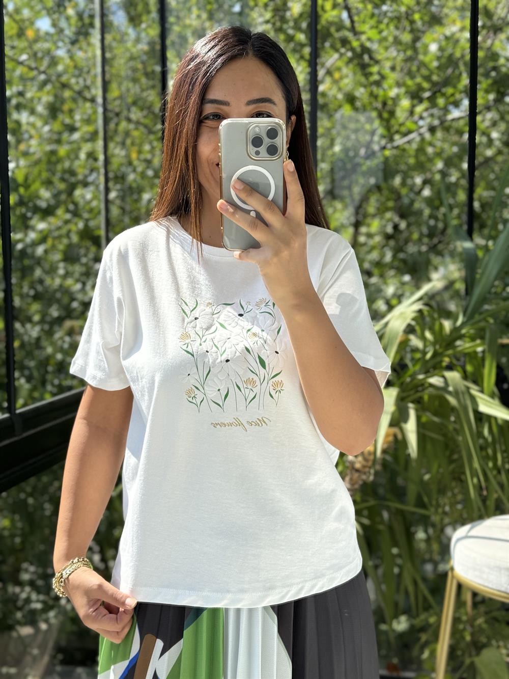 Baskılı Pamuklu Tişört Yeşil