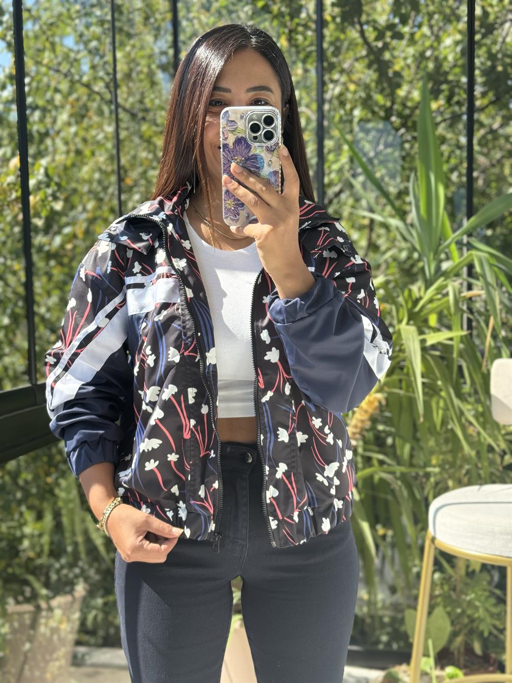 Baskılı Şeritli Yağmurluk Lacivert