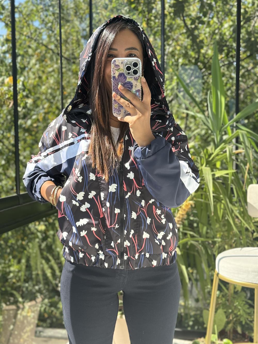 Baskılı Şeritli Yağmurluk Lacivert