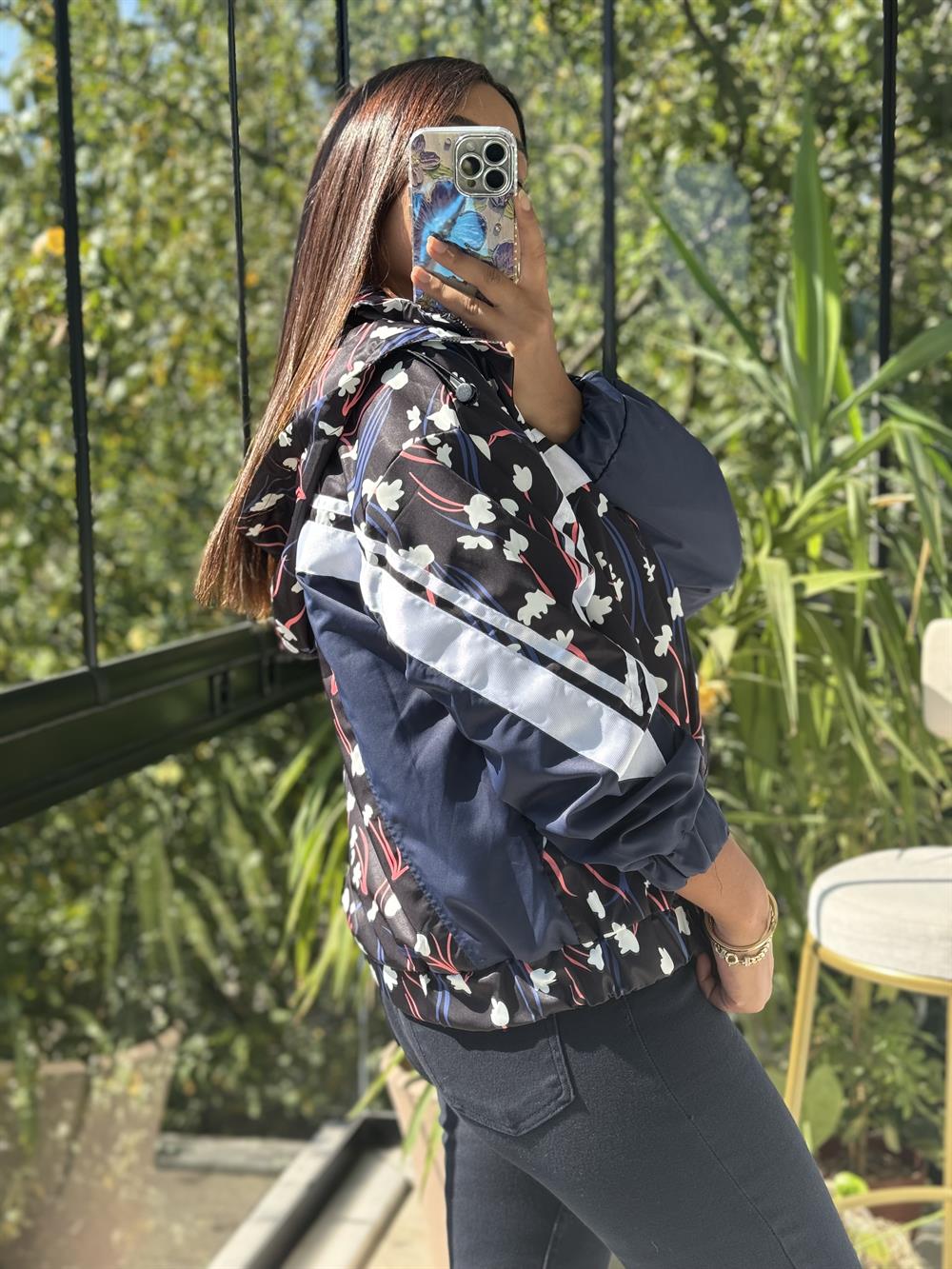 Baskılı Şeritli Yağmurluk Lacivert