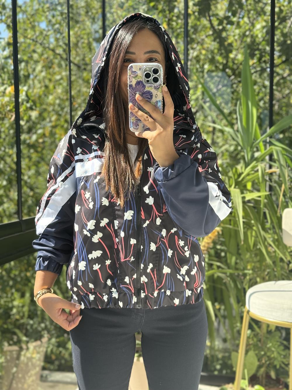 Baskılı Şeritli Yağmurluk Lacivert