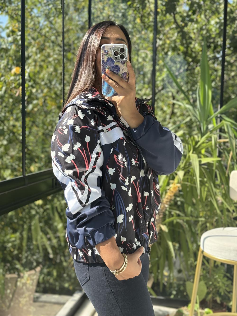 Baskılı Şeritli Yağmurluk Lacivert