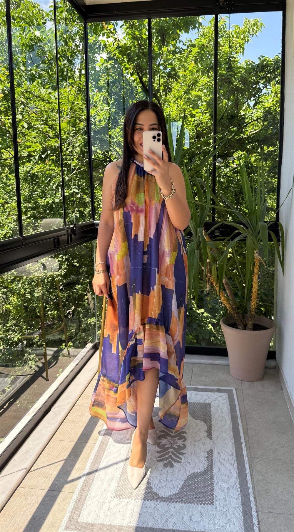 Halter Yaka Elbise Renkli