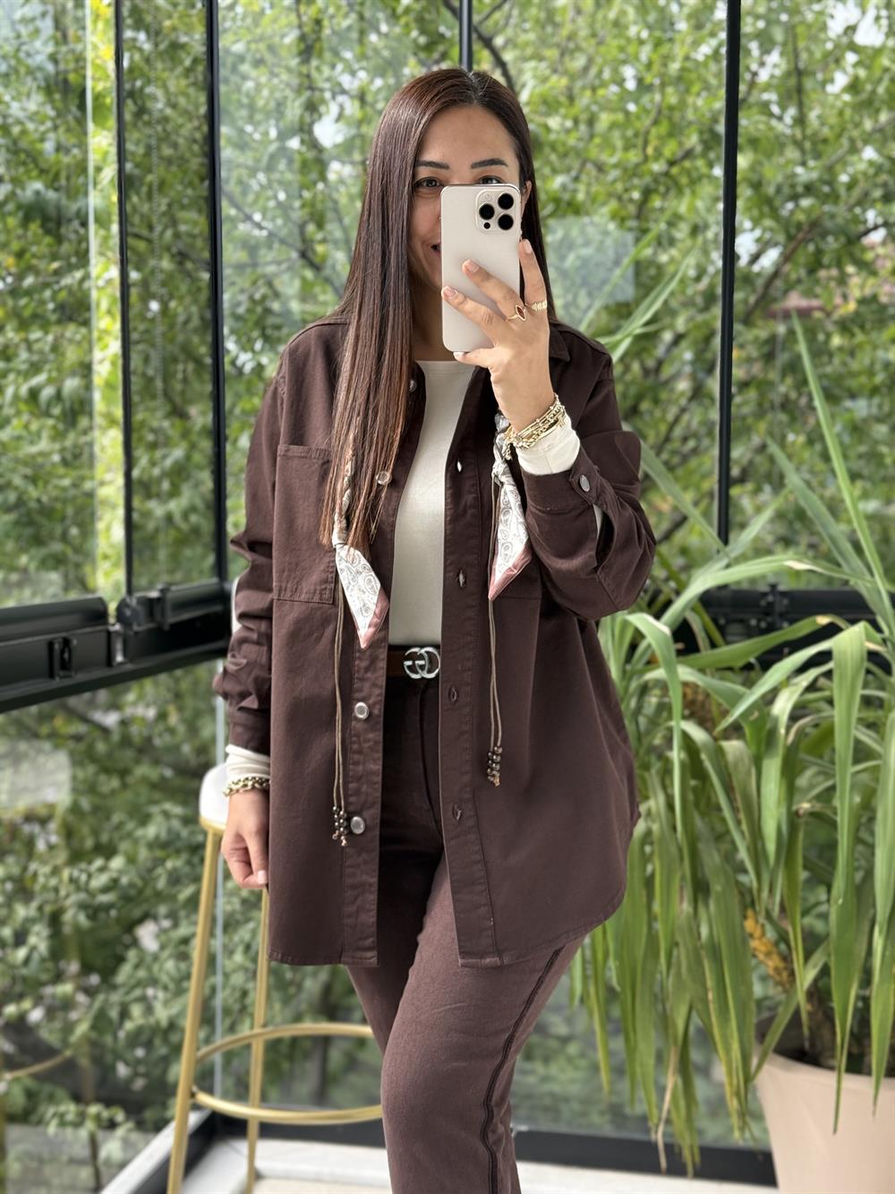 Düğmeli Oversize Gömlek Kahve