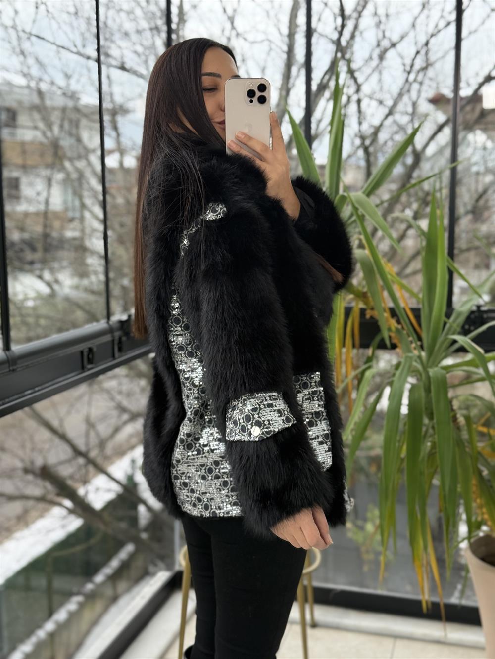 İthal Kruvaze Fermuarlı Payetli Kürk Siyah