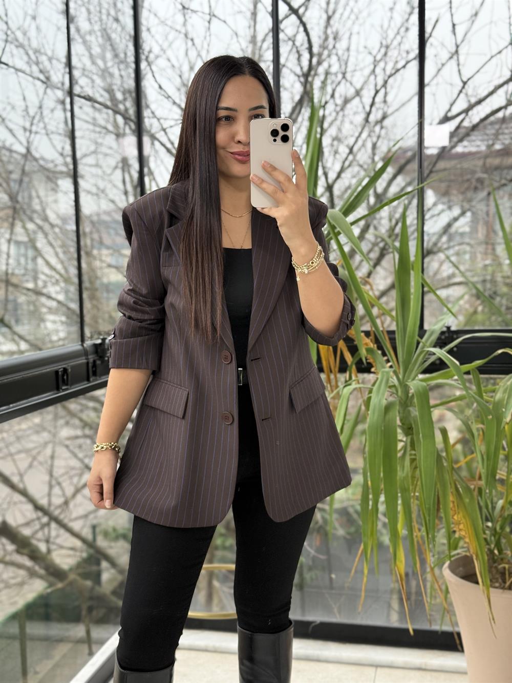 Çizgili Bezayağı Blazer Ceket Kahve