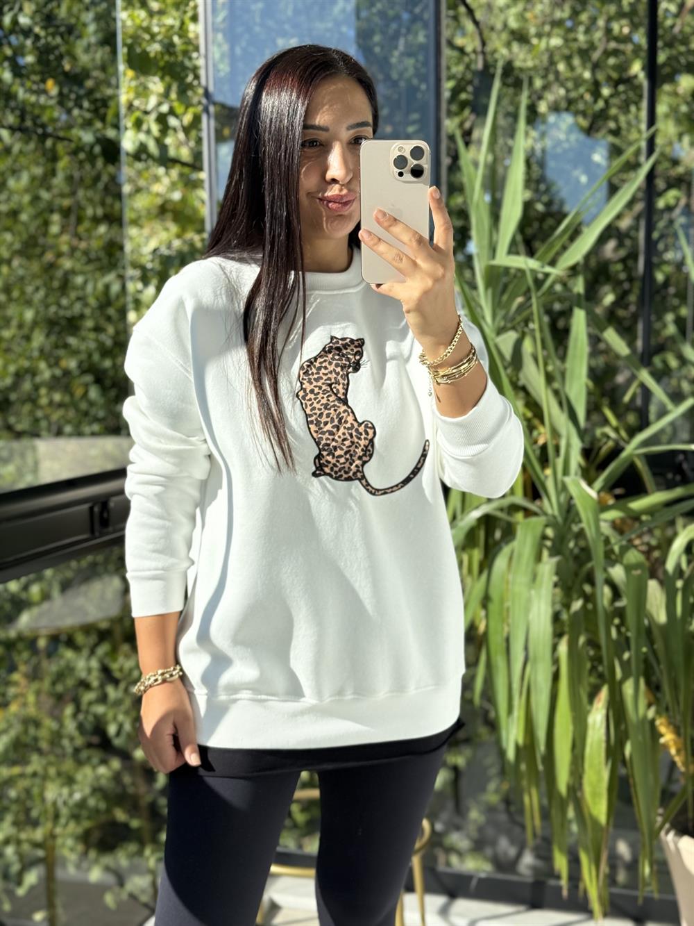 Kaplanlı Sweatshirt Beyaz