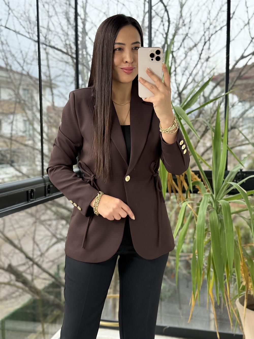 Yanı Bağcıklı Slim Blazer Ceket Kahve 