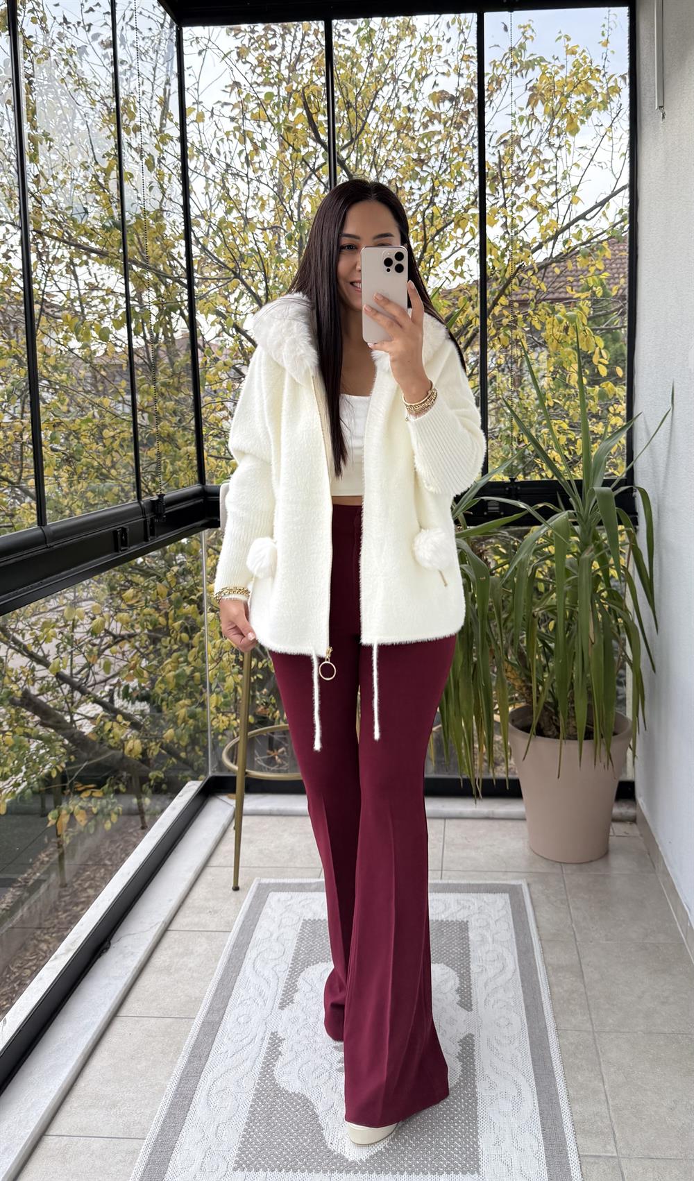 İthal Ponponlu Angora Hırka Ekru