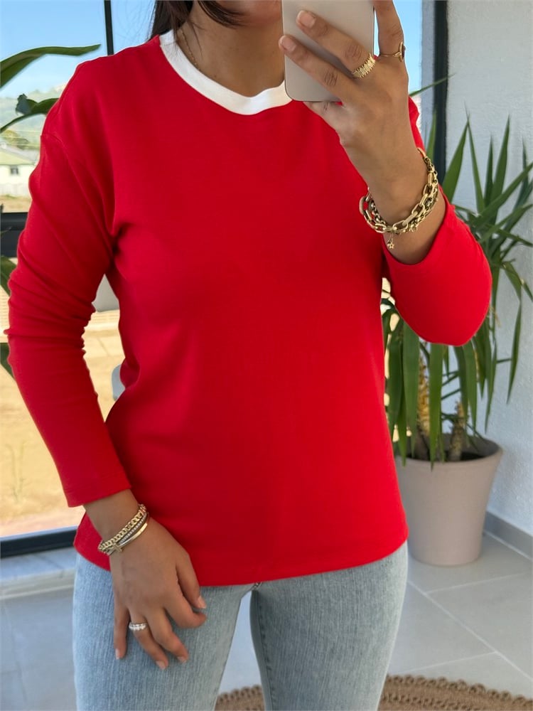 Yakası Biyeli Sweat Bluz Kırmızı