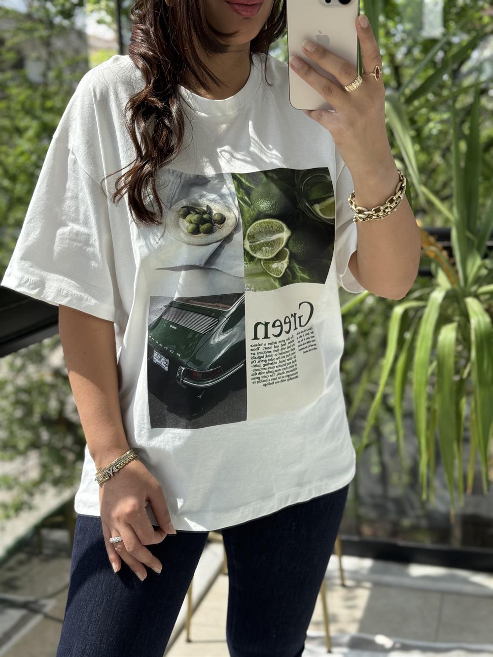 Yeşilli Baskı Detaylı Tişört Ekru