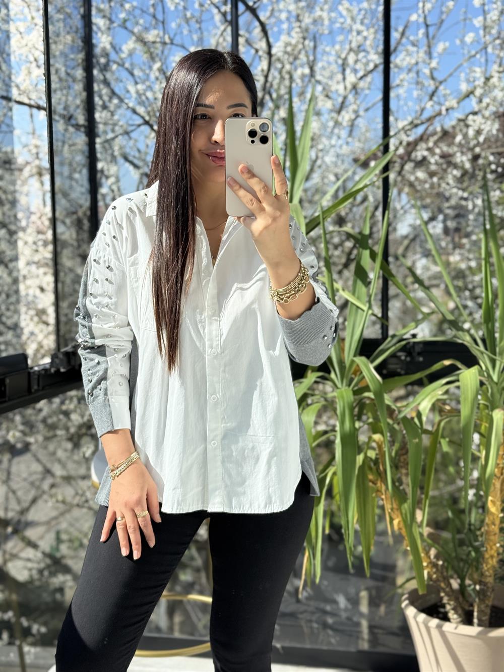 Triko Poplin Mix Çakımlı Gömlek Beyaz