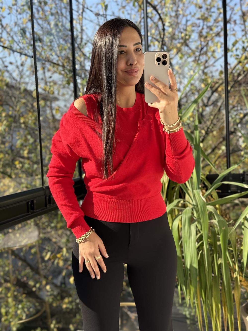 Çift Parçalı Triko Bluz Kırmızı