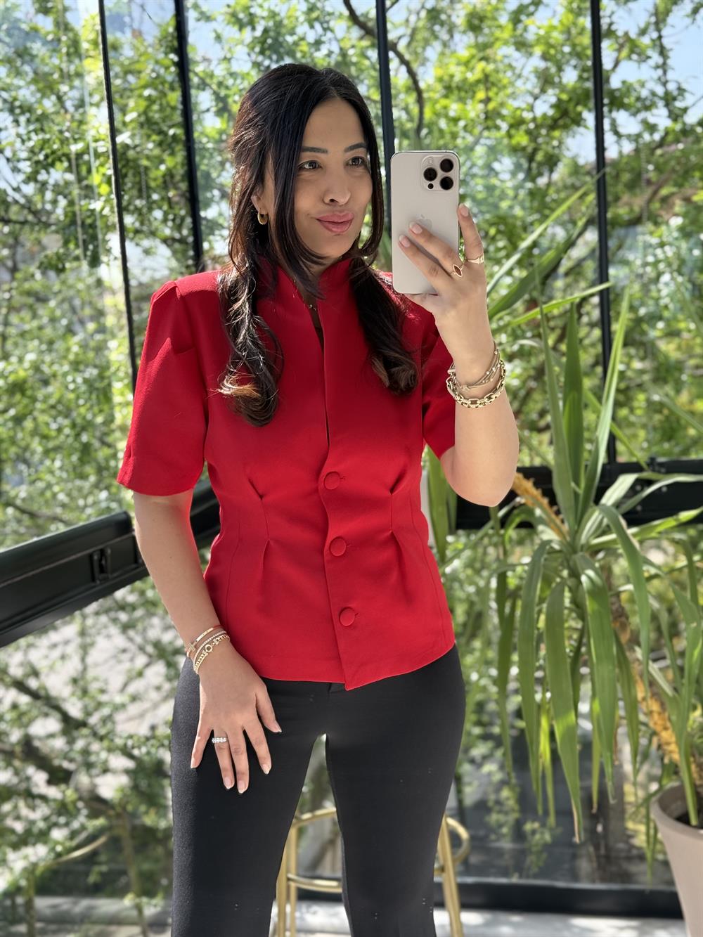 Pileli 3 Düğme Kısa Kol Ceket Kırmızı