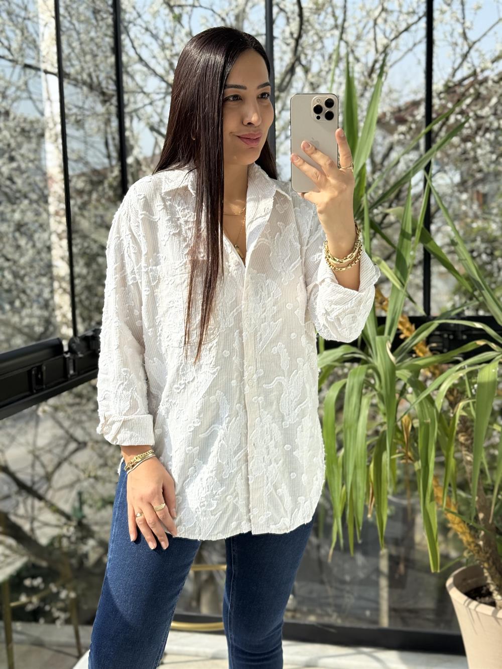 Kabartmalı Çizgili Pamuklu Gömlek Bej