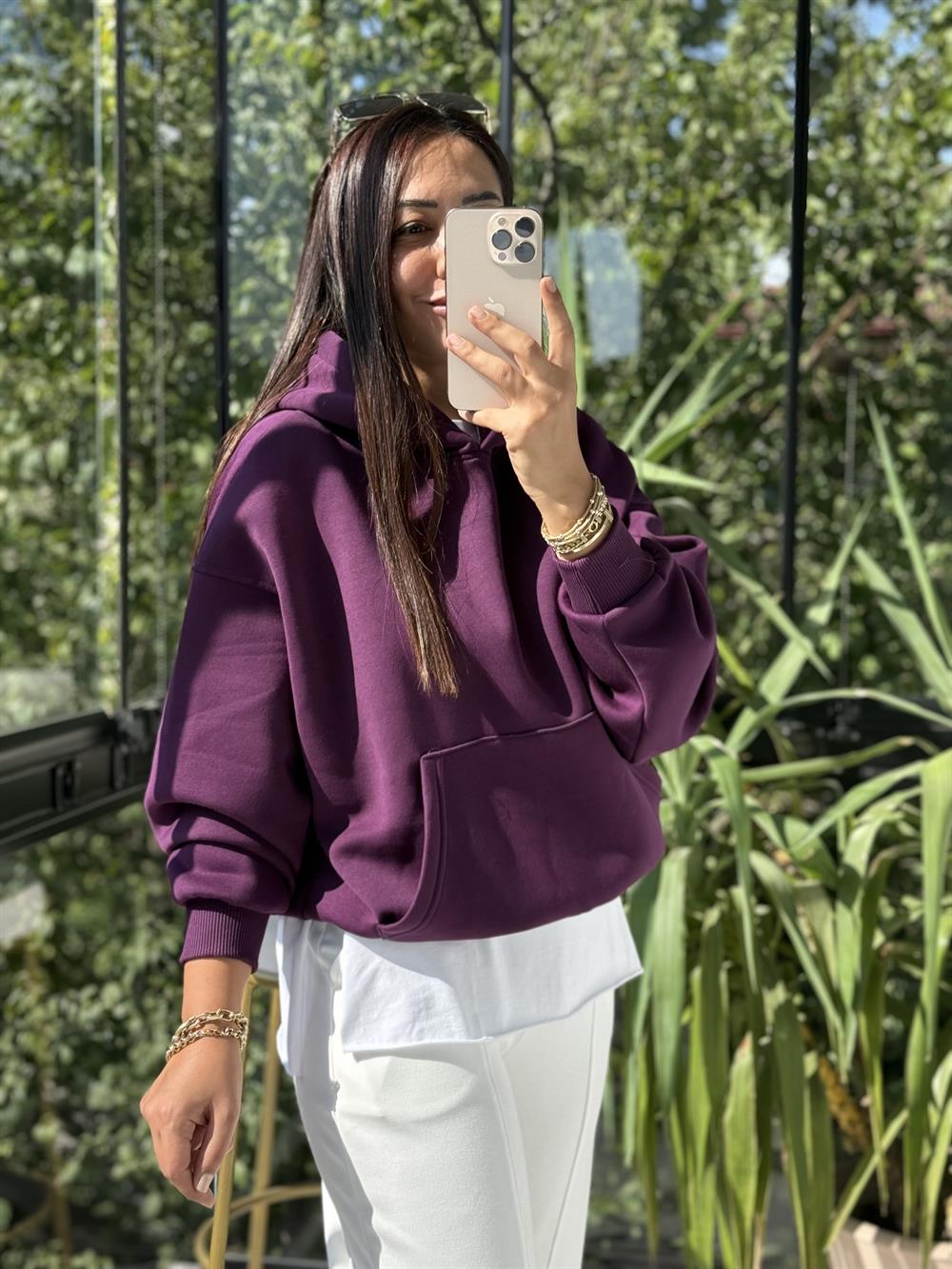 Kanguru Cep Kapşonlu Sweatshirt Mürdüm