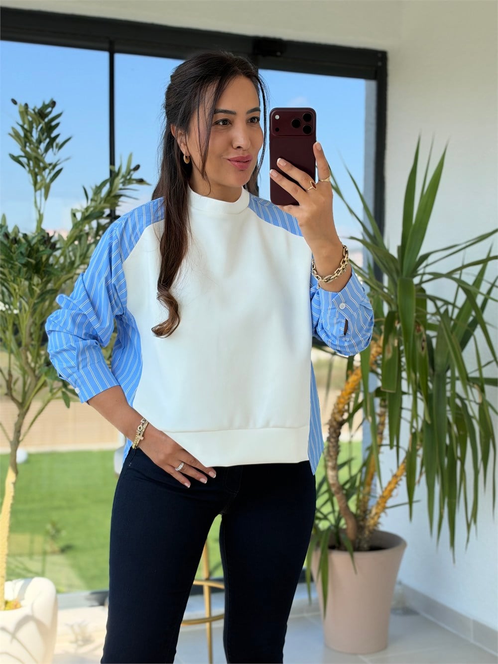 Kolu Ve Arkası Çizgili Poplin Modal Sweatshirt Beyaz