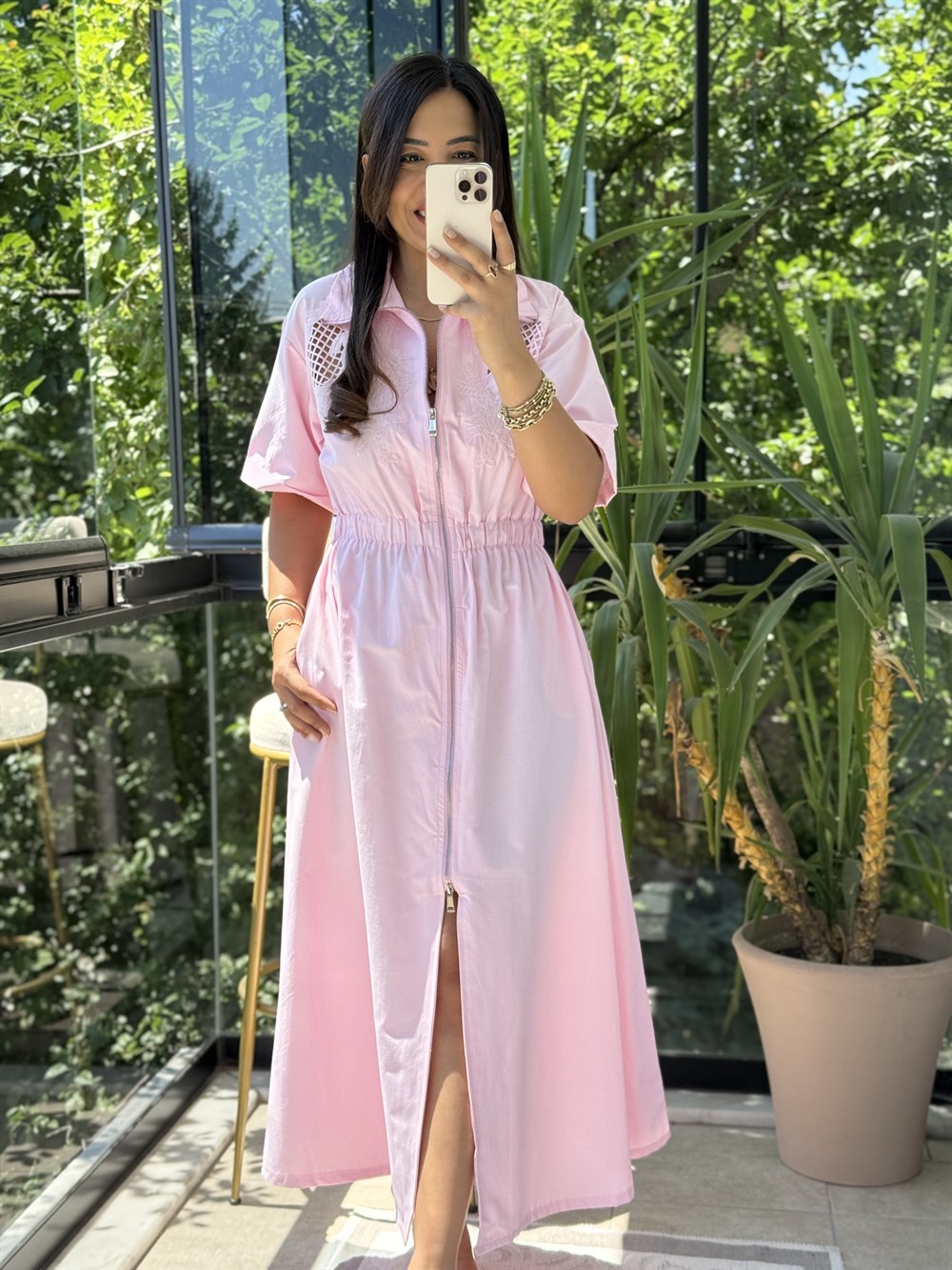 Nakışlı Fermuar Detaylı Elbise Pembe