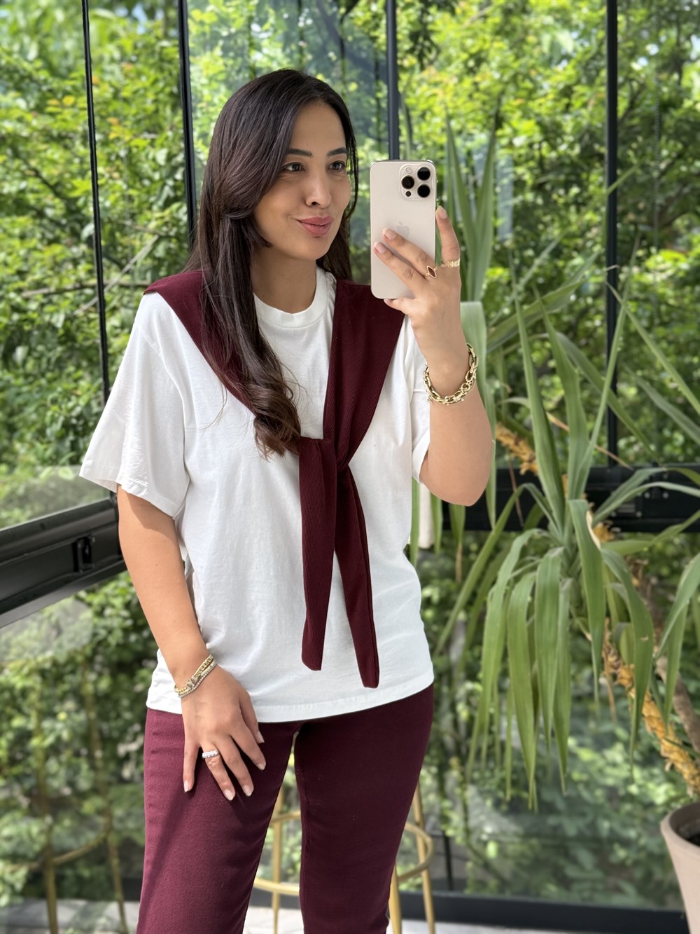 Bağlama Detaylı Tişört Bordo