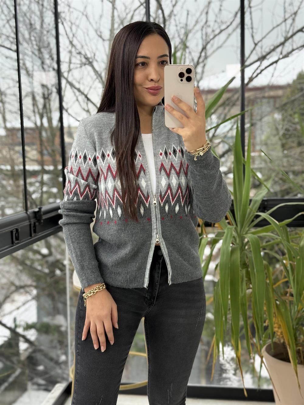 Geometrik Desenli Çift Fermuarlı Hırka Gri