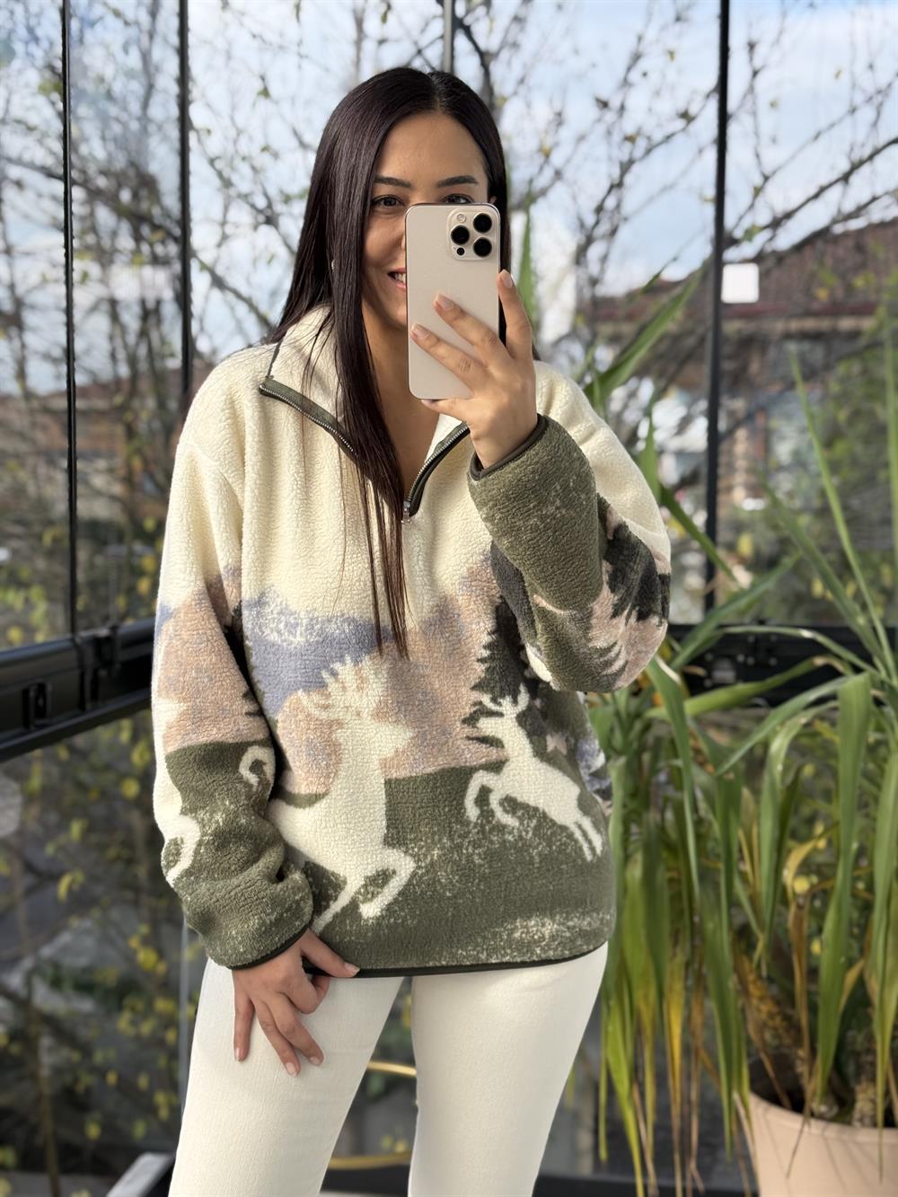 Desenli Yarım Fermuarlı Polar Sweat Yeşil