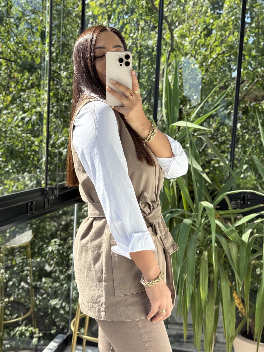 Kuşaklı Kruvaze Yaka Yelek Vizon