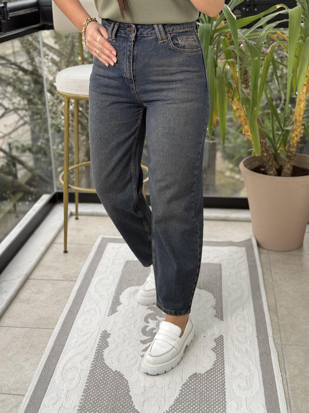 Likrasız Mom Fit Jean Kahve Yıkama