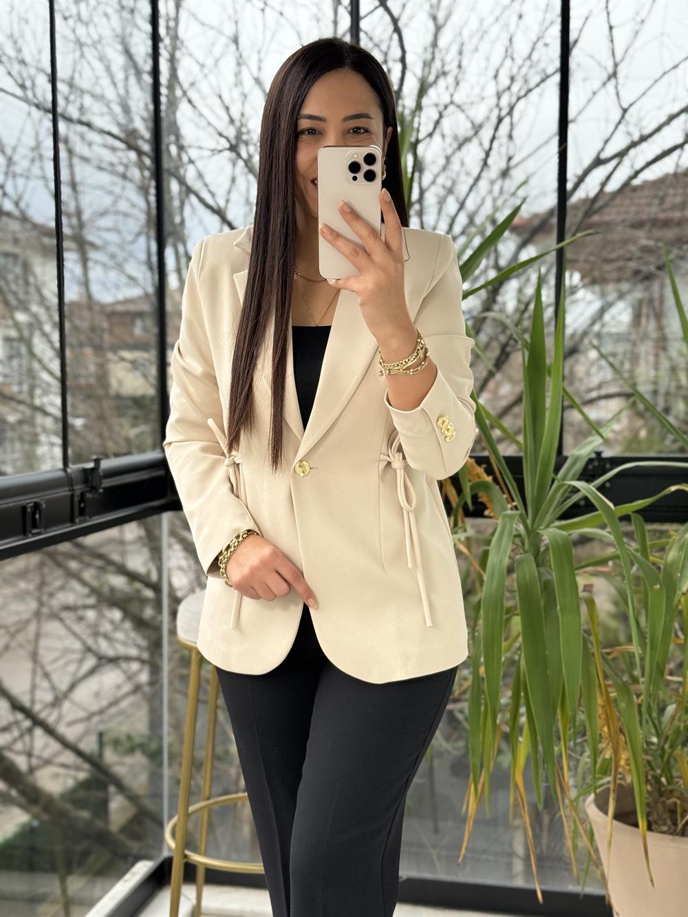 Yanı Bağcıklı Slim Blazer Ceket Taş