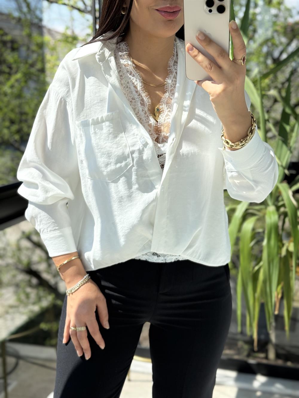 Güpür Atletli Gömlek Beyaz