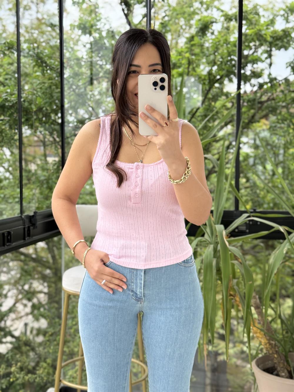 Dilvin Düğmeli Kare Yaka Top Atlet Pembe