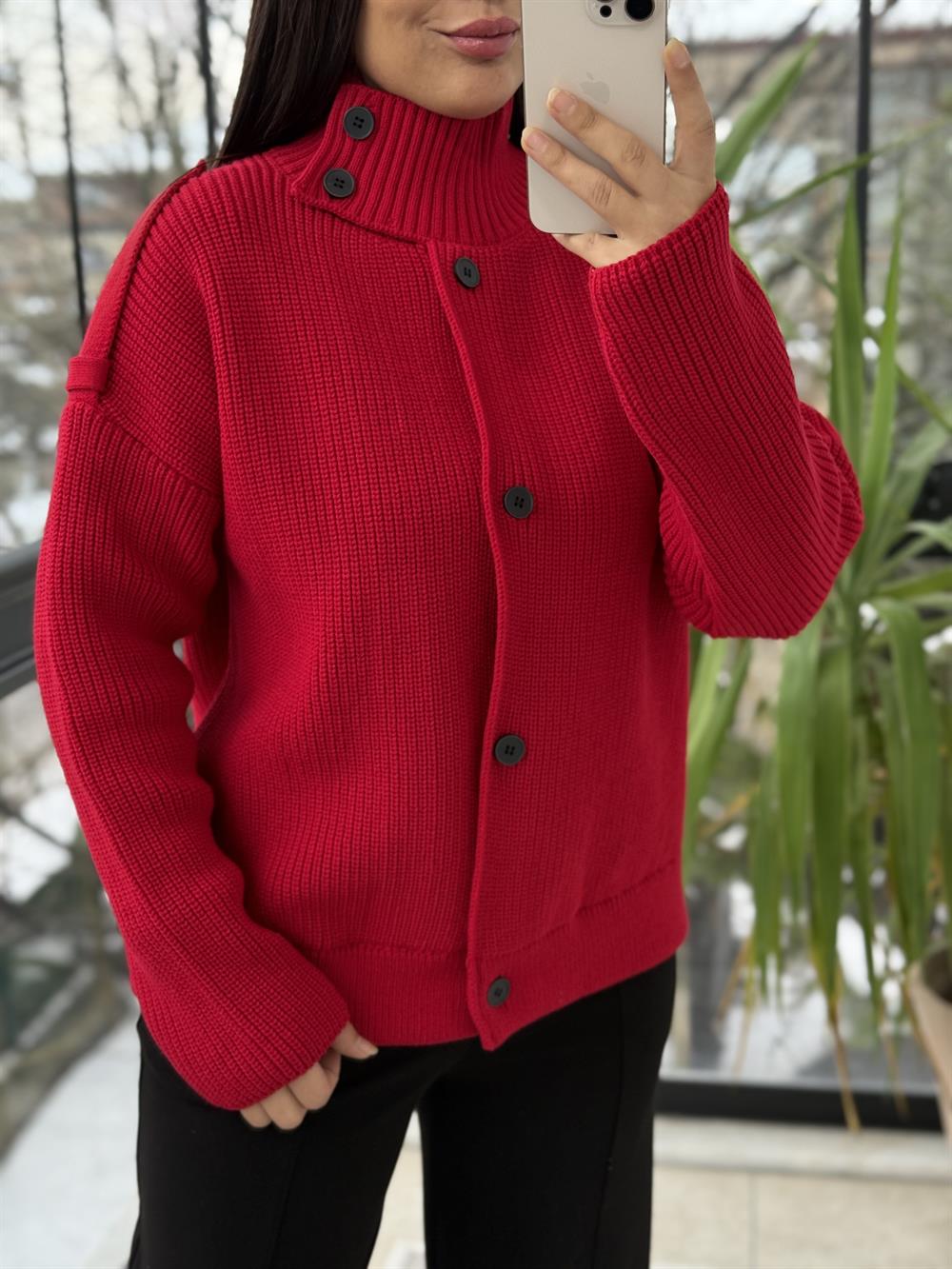 Düğmeli Selanik Örgü Ceket Hırka Kırmızı