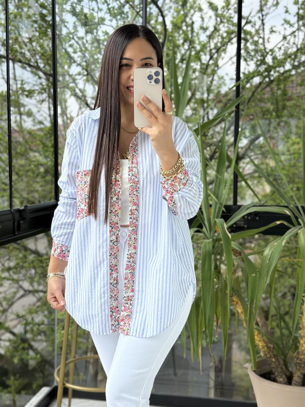 Çiçek Detaylı Çizgili Gömlek Mavi