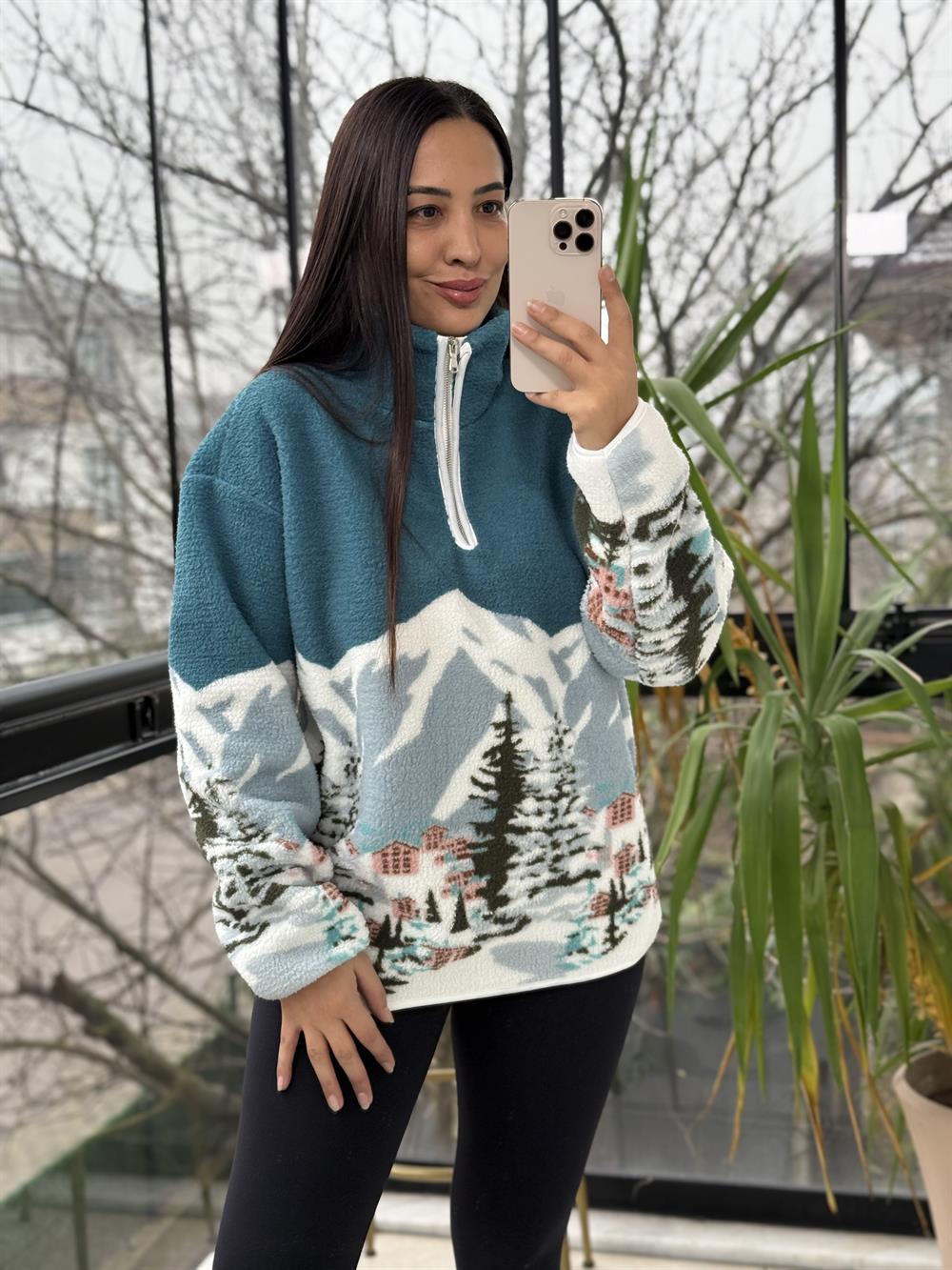 Desenli Yarım Fermuarlı Polar Sweat Mavi