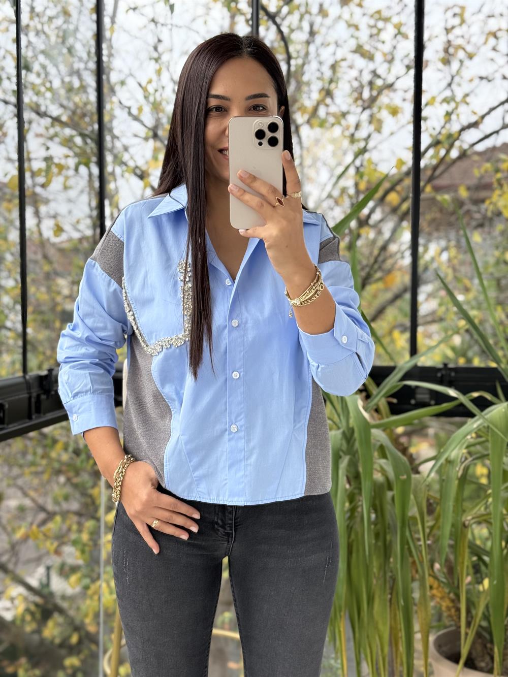 Triko Poplin Taş Detaylı Gömlek Mavi